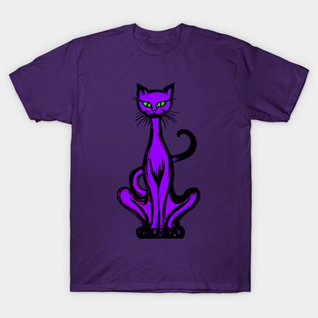 Retro 1970's Funky Groovy Purple Jazz Cat Cartoon T-Shirt by iskybibblle